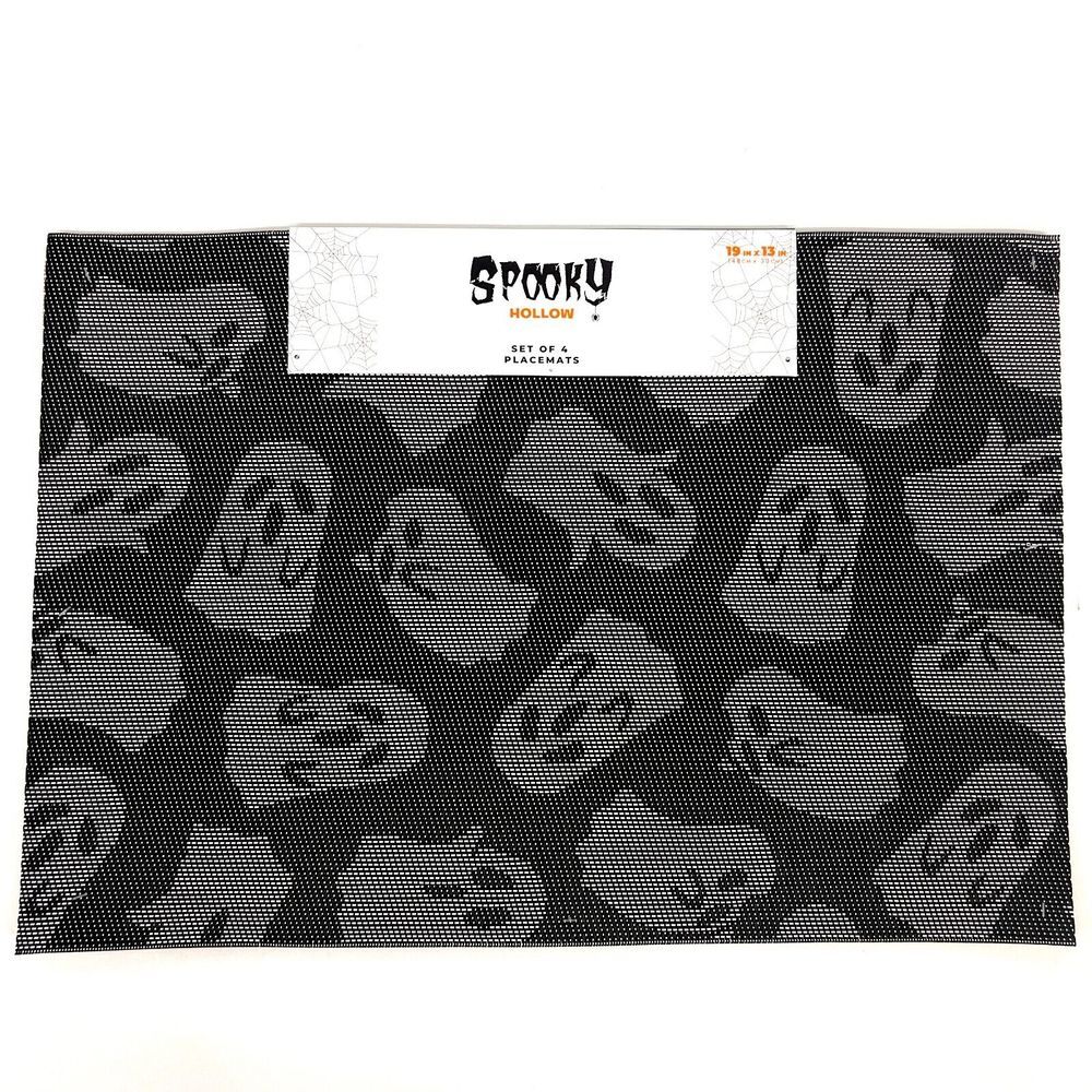 SPOOKY HOLLOW Dinner Placemats 4 Pack Ghost Print Halloween Black White 19"x13"